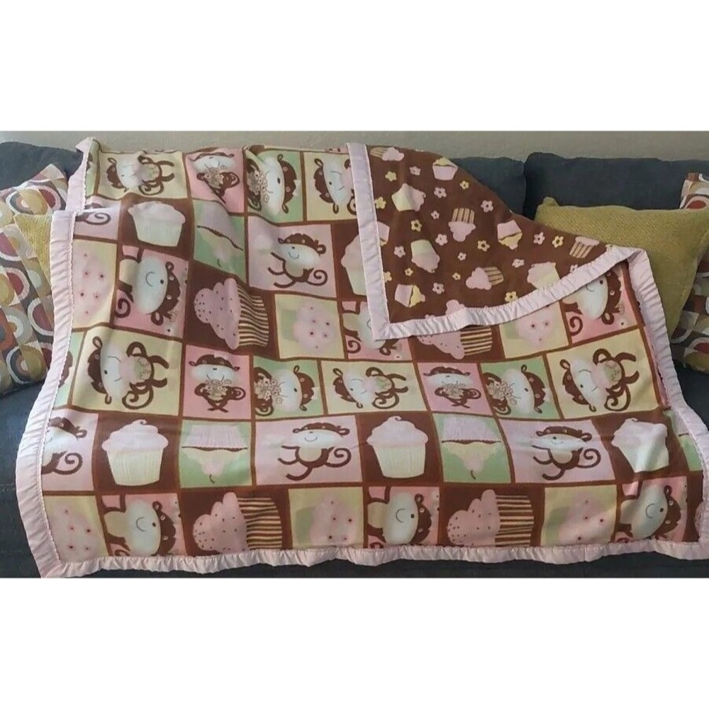 Home-made Reversable Baby Floor Bed Fleece Blanket 58" X 56" Satin Trim Handmade